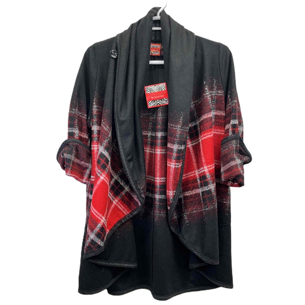 NWT Simon Chang Womens Red Plaid Wool Blend Open Cardigan Shawl Sz 8